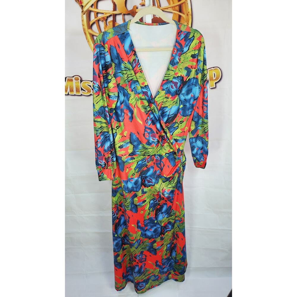 Neon Tropical Floral Wrap Cover Up Dress Large